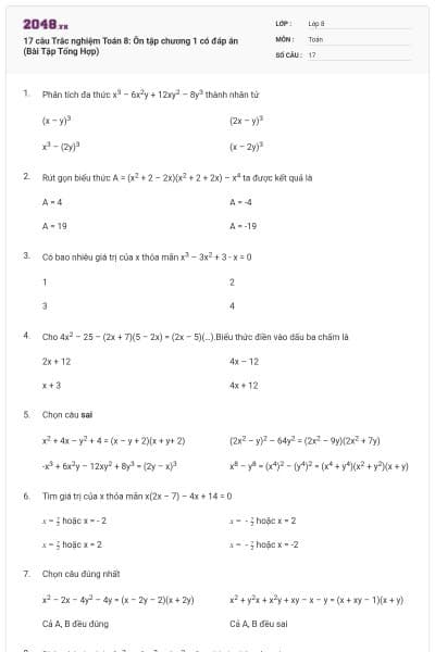 17 câu Trắc nghiệm Toán 8: Ôn tập chương 1 có đáp án (Bài Tập Tổng Hợp)
