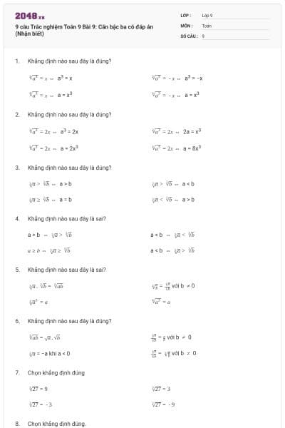 9 câu Trắc nghiệm Toán 9 Bài 9: Căn bậc ba có đáp án (Nhận biết)