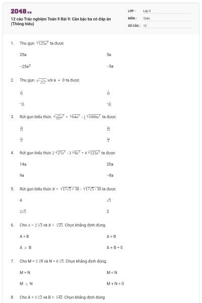 12 câu Trắc nghiệm Toán 9 Bài 9: Căn bậc ba có đáp án (Thông hiểu)