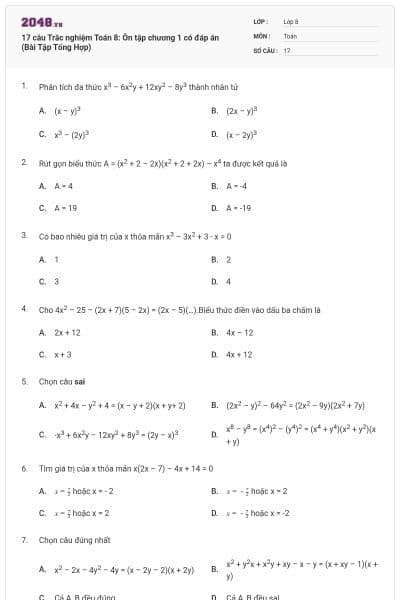17 câu Trắc nghiệm Toán 8: Ôn tập chương 1 có đáp án (Bài Tập Tổng Hợp)