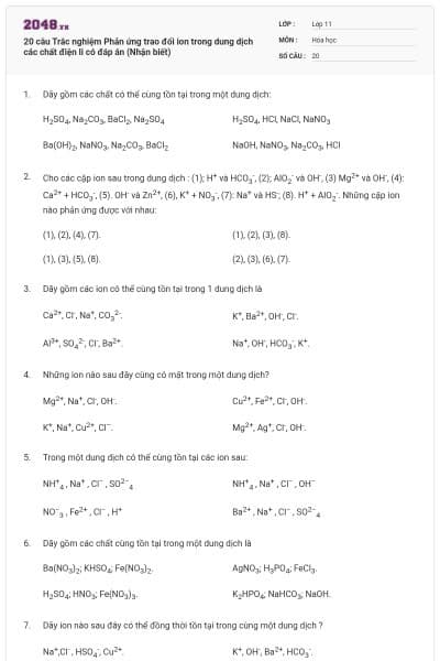 20 câu Trắc nghiệm Phản ứng trao đổi ion trong dung dịch các chất điện li có đáp án (Nhận biết)