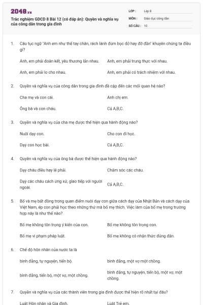 Trắc nghiệm GDCD 8 Bài 12 (có đáp án): Quyền và nghĩa vụ của công dân trong gia đình