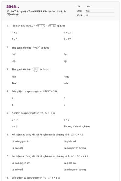 13 câu Trắc nghiệm Toán 9 Bài 9: Căn bậc ba có đáp án (Vận dụng)