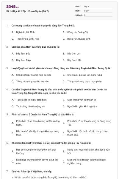 Đề thi Học kì 1 Địa Lí 9 có đáp án (Đề 2)