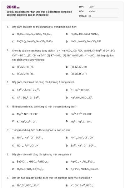 20 câu Trắc nghiệm Phản ứng trao đổi ion trong dung dịch các chất điện li có đáp án (Nhận biết)