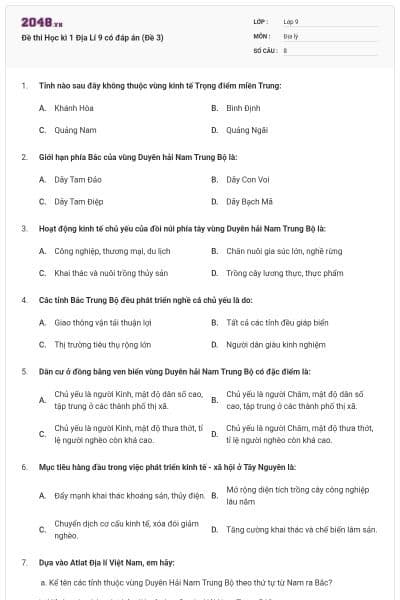 Đề thi Học kì 1 Địa Lí 9 có đáp án (Đề 3)
