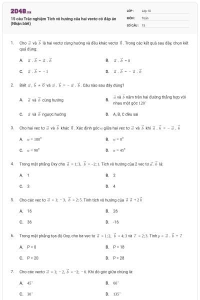 15 câu Trắc nghiệm Tích vô hướng của hai vectơ có đáp án (Nhận biết)
