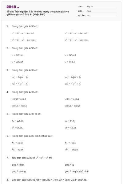 15 câu Trắc nghiệm Các hệ thức lượng trong tam giác và giải tam giác có đáp án (Nhận biết)