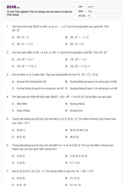 15 câu Trắc nghiệm Tích vô hướng của hai vectơ có đáp án (Vận dụng)