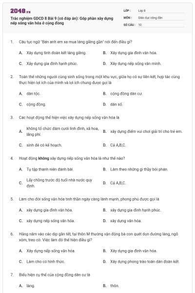 Trắc nghiệm GDCD 8 Bài 9 (có đáp án): Góp phần xây dựng nếp sống văn hóa ở cộng đồng