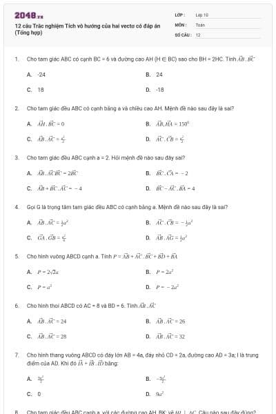 12 câu Trắc nghiệm Tích vô hướng của hai vectơ có đáp án (Tổng hợp)