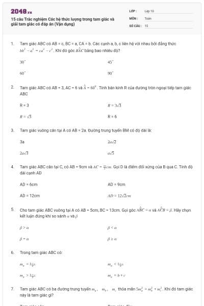 15 câu Trắc nghiệm Các hệ thức lượng trong tam giác và giải tam giác có đáp án (Vận dụng)