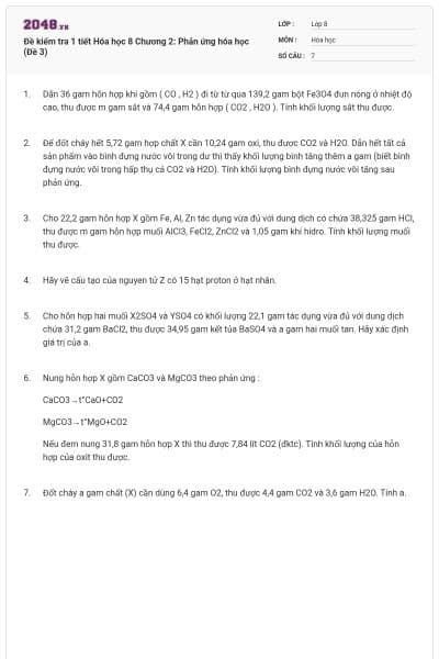 Đề kiểm tra 1 tiết Hóa học 8 Chương 2: Phản ứng hóa học (Đề 3)