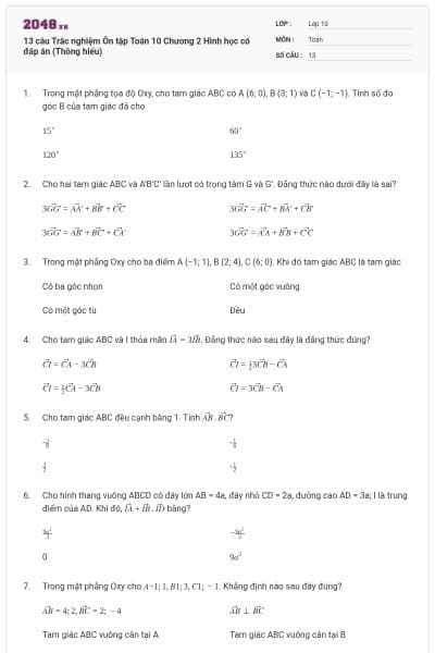 13 câu  Trắc nghiệm Ôn tập Toán 10 Chương 2 Hình học có đáp án (Thông hiểu)