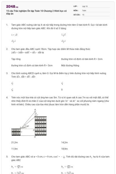 15 câu Trắc nghiệm Ôn tập Toán 10 Chương 2 Hình học có đáp án