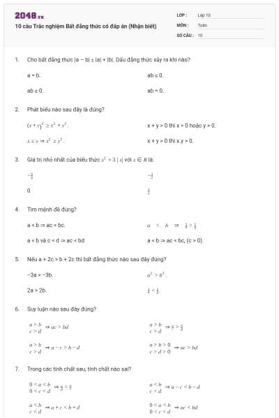10 câu Trắc nghiệm Bất đẳng thức có đáp án (Nhận biết)