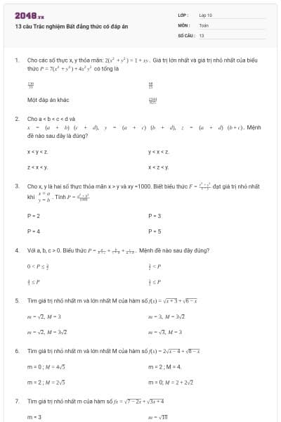 13 câu  Trắc nghiệm Bất đẳng thức có đáp án