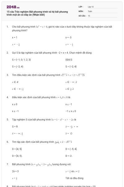 15 câu  Trắc nghiệm Bất phương trình và hệ bất phương trình một ẩn có đáp án (Nhận biết)