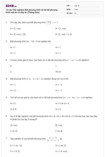 15 câu Trắc nghiệm Bất phương trình và hệ bất phương trình một ẩn có đáp án (Thông hiểu)