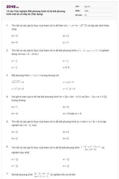 15 câu Trắc nghiệm Bất phương trình và hệ bất phương trình một ẩn có đáp án (Vận dụng)