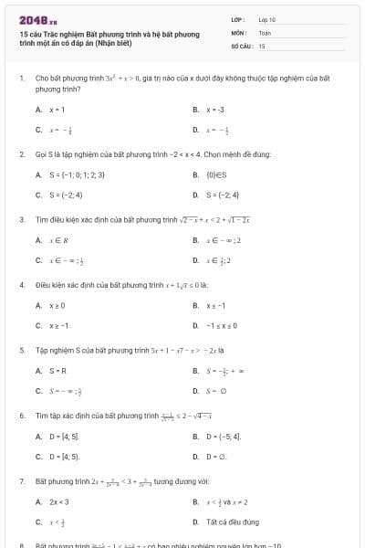 15 câu  Trắc nghiệm Bất phương trình và hệ bất phương trình một ẩn có đáp án (Nhận biết)