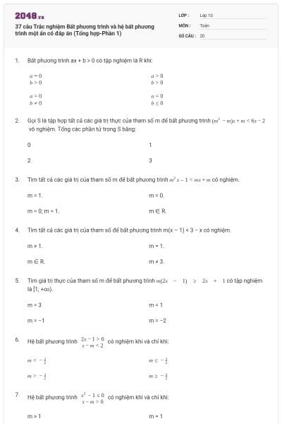 37 câu Trắc nghiệm Bất phương trình và hệ bất phương trình một ẩn có đáp án (Tổng hợp-Phần 1)