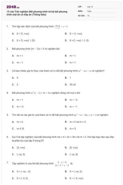 15 câu Trắc nghiệm Bất phương trình và hệ bất phương trình một ẩn có đáp án (Thông hiểu)
