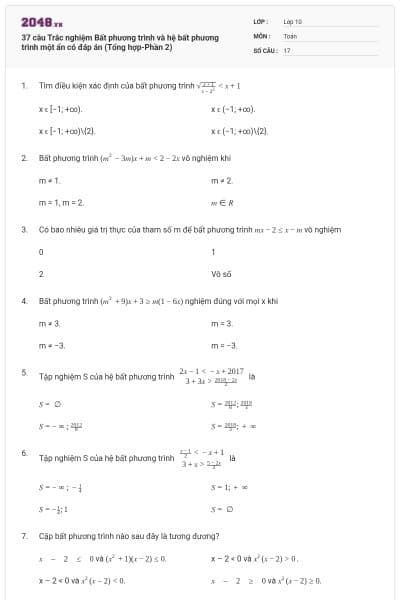 37 câu Trắc nghiệm Bất phương trình và hệ bất phương trình một ẩn có đáp án (Tổng hợp-Phần 2)