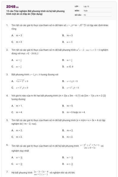 15 câu Trắc nghiệm Bất phương trình và hệ bất phương trình một ẩn có đáp án (Vận dụng)