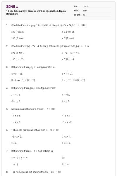 10 câu Trắc nghiệm Dấu của nhị thức bậc nhất có đáp án (Nhận biết)