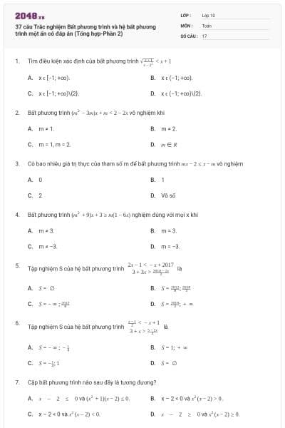 37 câu Trắc nghiệm Bất phương trình và hệ bất phương trình một ẩn có đáp án (Tổng hợp-Phần 2)