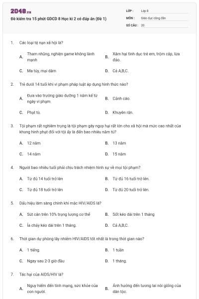 Đề kiểm tra 15 phút GDCD 8 Học kì 2 có đáp án (Đề 1)