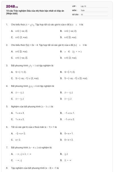 10 câu Trắc nghiệm Dấu của nhị thức bậc nhất có đáp án (Nhận biết)