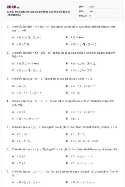 12 câu  Trắc nghiệm Dấu của nhị thức bậc nhất có đáp án (Thông hiểu)