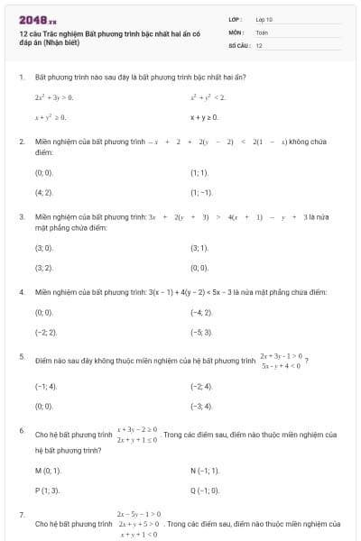 12 câu Trắc nghiệm Bất phương trình bậc nhất hai ẩn có đáp án (Nhận biết)