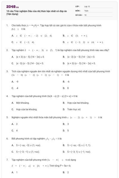 10 câu  Trắc nghiệm Dấu của nhị thức bậc nhất có đáp án (Vận dụng)