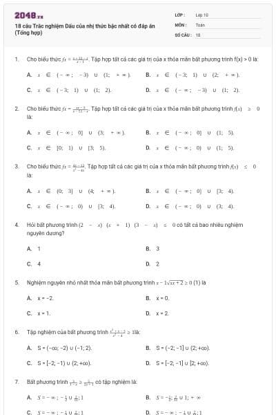 18 câu Trắc nghiệm Dấu của nhị thức bậc nhất có đáp án (Tổng hợp)