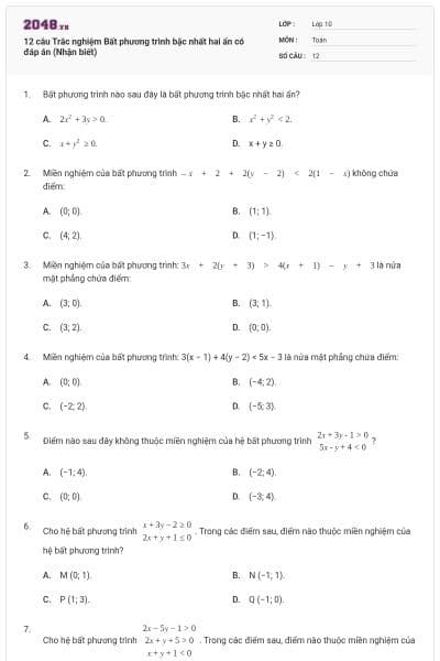 12 câu Trắc nghiệm Bất phương trình bậc nhất hai ẩn có đáp án (Nhận biết)