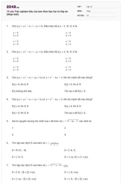 15 câu Trắc nghiệm Dấu của tam thức bậc hai có đáp án (Nhận biết)