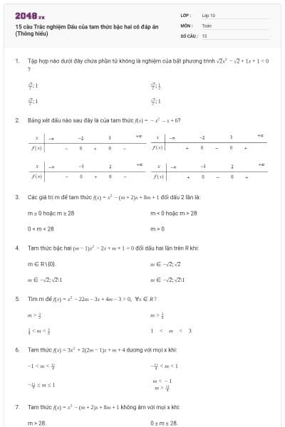 15 câu Trắc nghiệm Dấu của tam thức bậc hai có đáp án (Thông hiểu)