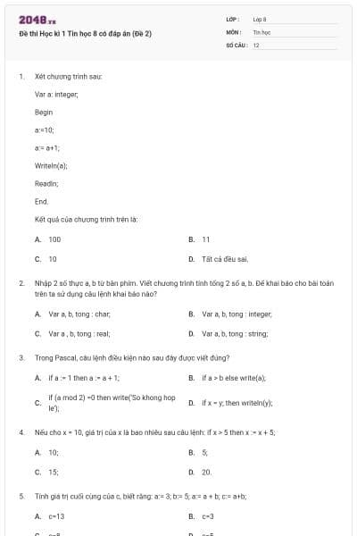 Đề thi Học kì 1 Tin học 8 có đáp án (Đề 2)