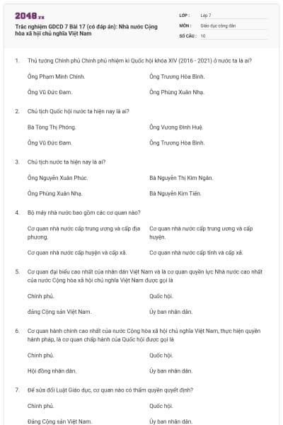 Trắc nghiệm GDCD 7 Bài 17 (có đáp án): Nhà nước Cộng hòa xã hội chủ nghĩa Việt Nam