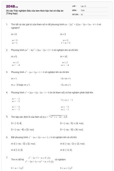 26 câu Trắc nghiệm Dấu của tam thức bậc hai có đáp án (Tổng hợp)