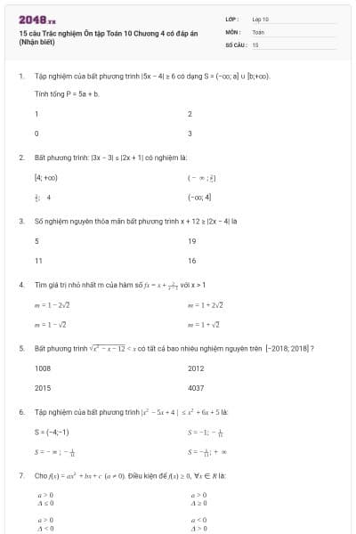 15 câu Trắc nghiệm Ôn tập Toán 10 Chương 4 có đáp án (Nhận biết)