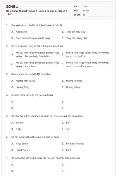 Đề kiểm tra 15 phút Tin học 6 Học kì 2 có đáp án (Bài số 2 - Đề 1)