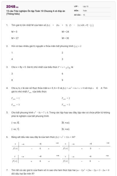 15 câu Trắc nghiệm Ôn tập Toán 10 Chương 4 có đáp án (Thông hiểu)