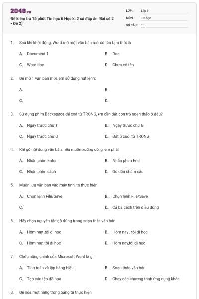 Đề kiểm tra 15 phút Tin học 6 Học kì 2 có đáp án (Bài số 2 - Đề 2)