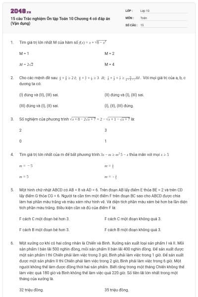 15 câu Trắc nghiệm Ôn tập Toán 10 Chương 4 có đáp án (Vận dụng)
