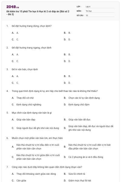 Đề kiểm tra 15 phút Tin học 6 Học kì 2 có đáp án (Bài số 2 - Đề 3)