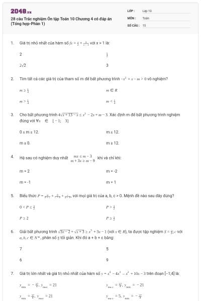 28 câu Trắc nghiệm Ôn tập Toán 10 Chương 4 có đáp án (Tổng hợp-Phần 1)